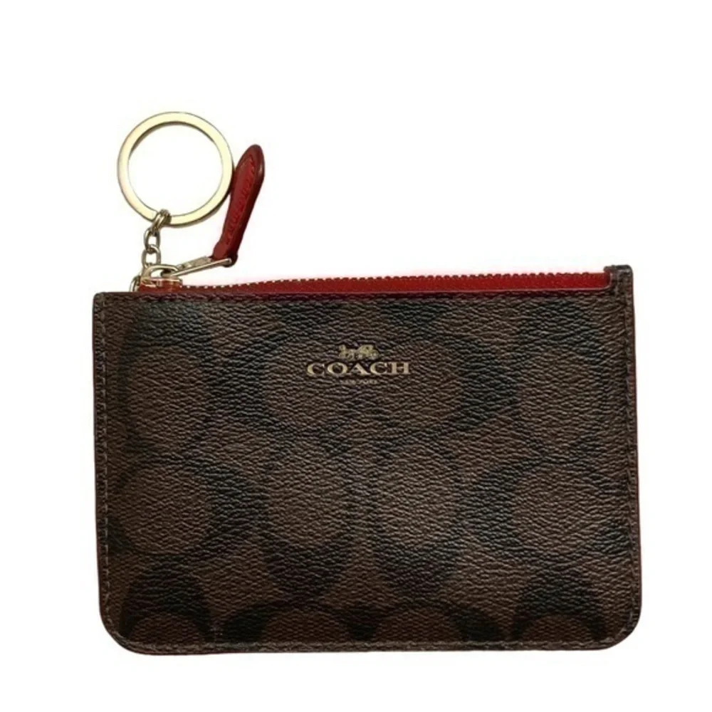 Coach keychain coin zipper case brown black red signature